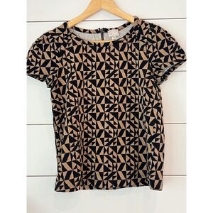 Anthropologie Postmark XS Tan Black Geometric Puff Sleeve Top Cottagecore